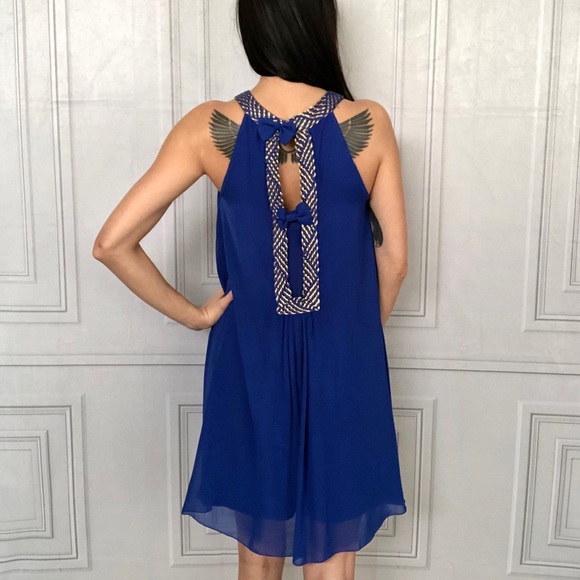 Sheer Blue & Gold Trapeze Dress - Picture 1 of 6